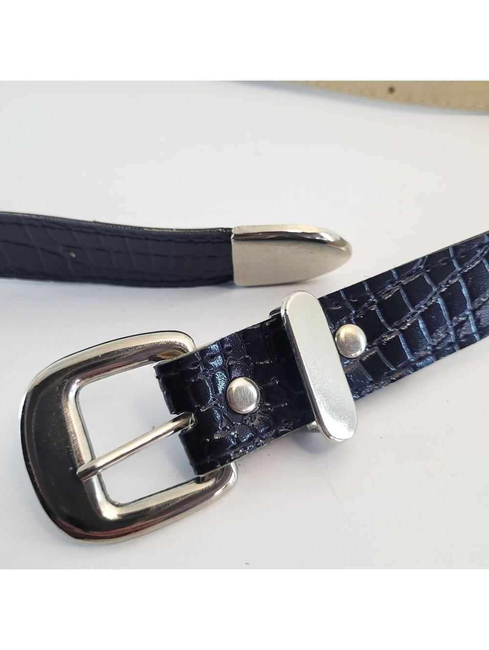 Vintage Skinny Belt Black Faux Croc Embossed 32" Waist 1" Wide NOS Y2K